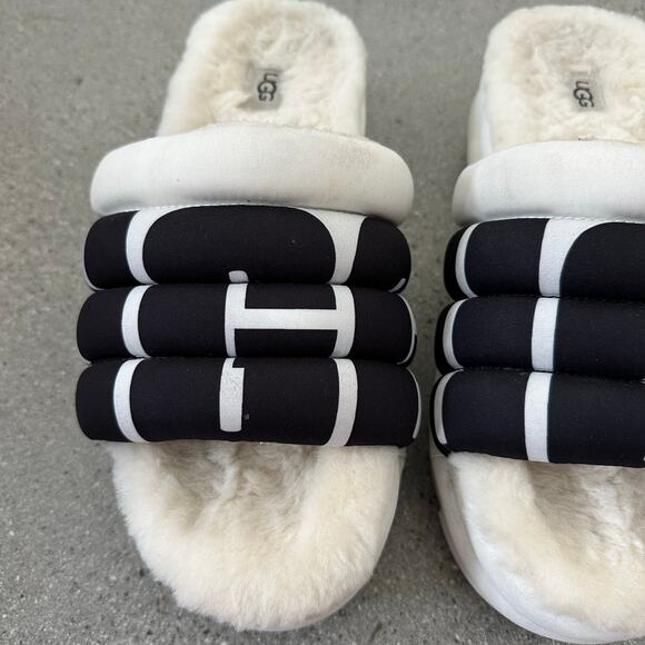 Ugg Maxi Slide Logo Quilted Puff Platform Slipper Sandals Retro White/Black - Picture 5 of 13